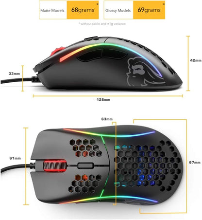 Gaming Model D Wired Gaming Mouse - 68G Superlight Honeycomb Design, RGB, Ergonomic, Pixart 3360 Sensor, Omron Switches, PTFE Feet, 6 Buttons - Glossy White