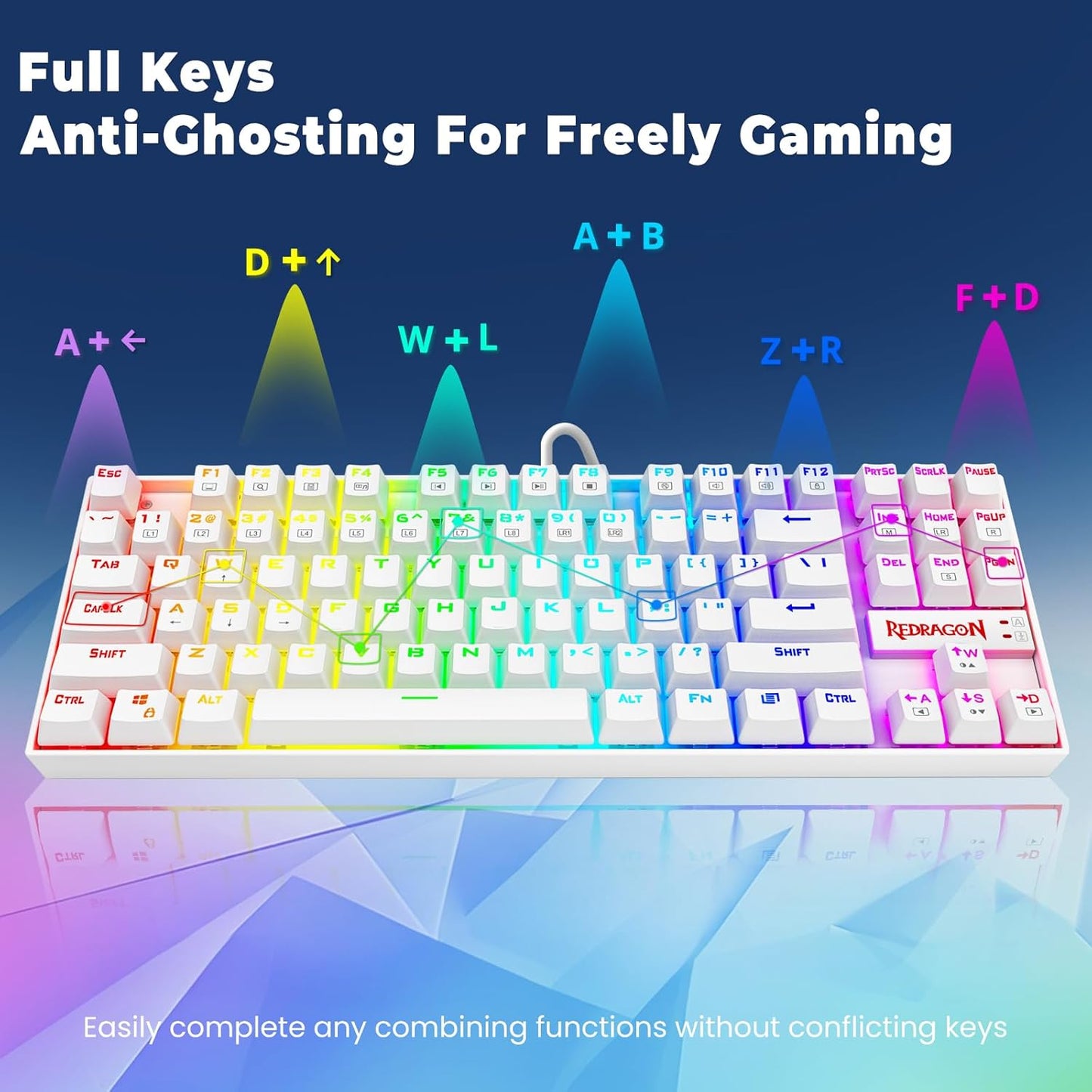 K552P Mechanical Gaming Keyboard TKL with 18 Backlight Modes, Hot-Swappable Red Switches, 87-Key Compact Ergonomic Design, N-Key Rollover & Software Programmable Macro - RGB, White