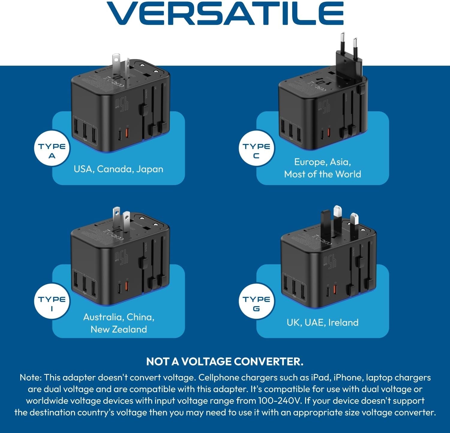 Universal Travel Adapter, 45W International Power Adapter with PD & QC 3.0 Dual USB-C, 3 USB Travel Adapter Worldwide, Type I C G a Outlets 110V 220V A/C - EU Euro US UK (11-KU)