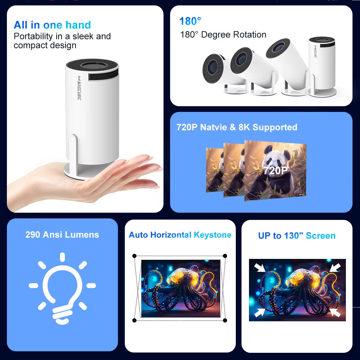 HY300 Pro 8K Android Projector - Dual WiFi 6, 290 ANSI Lumens, Allwinner H726, Bluetooth 5.4, 1080P, 1280x720P - Home Cinema & Outdoor Projector
